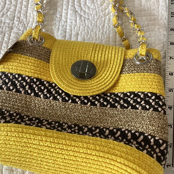 NWT Woven Yellow & Brown Striped Straw Shoulder Bag With Silver Chain Strap & Tu - Picture 2 of 13